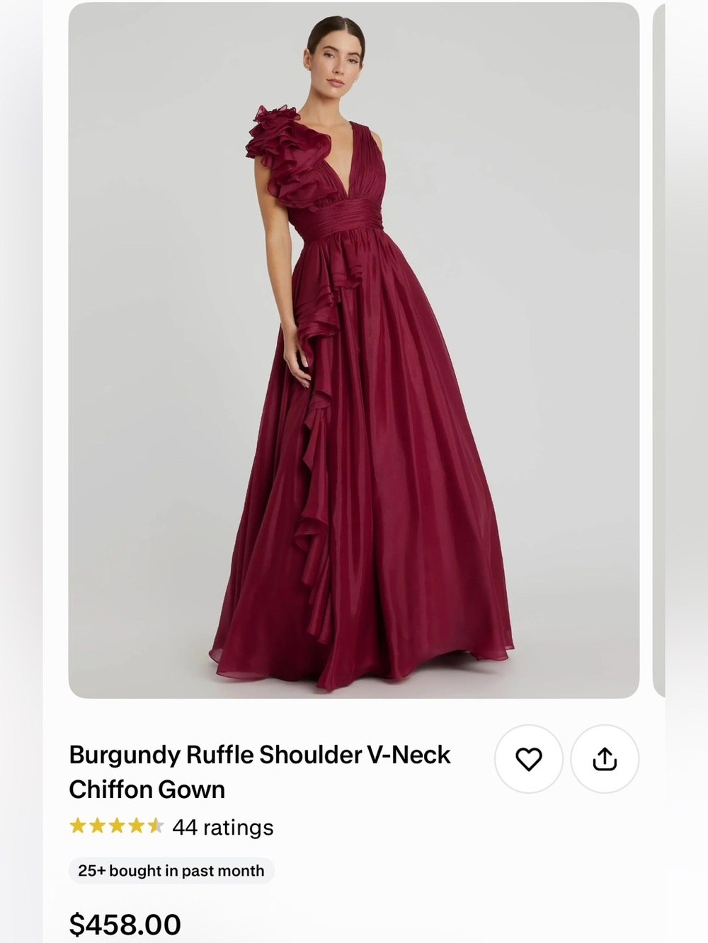 Mac Duggal Burgundy Ruffle-Shoulder V-Neck Evening Gown